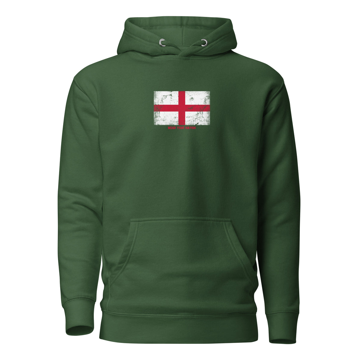 England flag hoodie in Forest Green, vintage-washed print, flag on the chest, unisex cut, front view