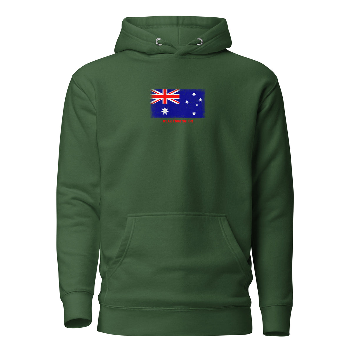 Australia flag hoodie in Forest Green, vintage-washed print, flag on the chest, unisex cut, front view