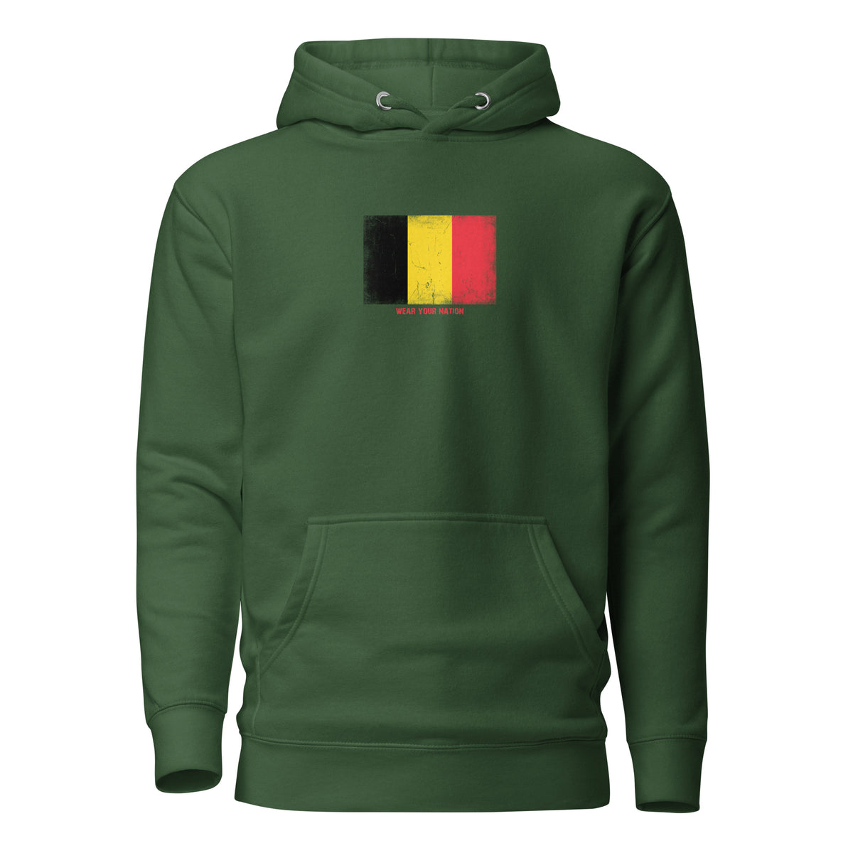 Belgium flag hoodie in Forest Green, vintage-washed print, flag on the chest, unisex cut, front view