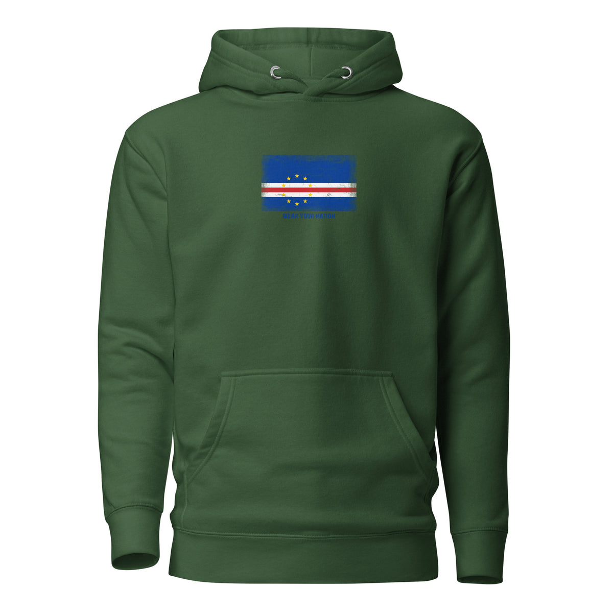 Cape Verde flag hoodie in Forest Green, vintage-washed print, flag on the chest, unisex cut, front view
