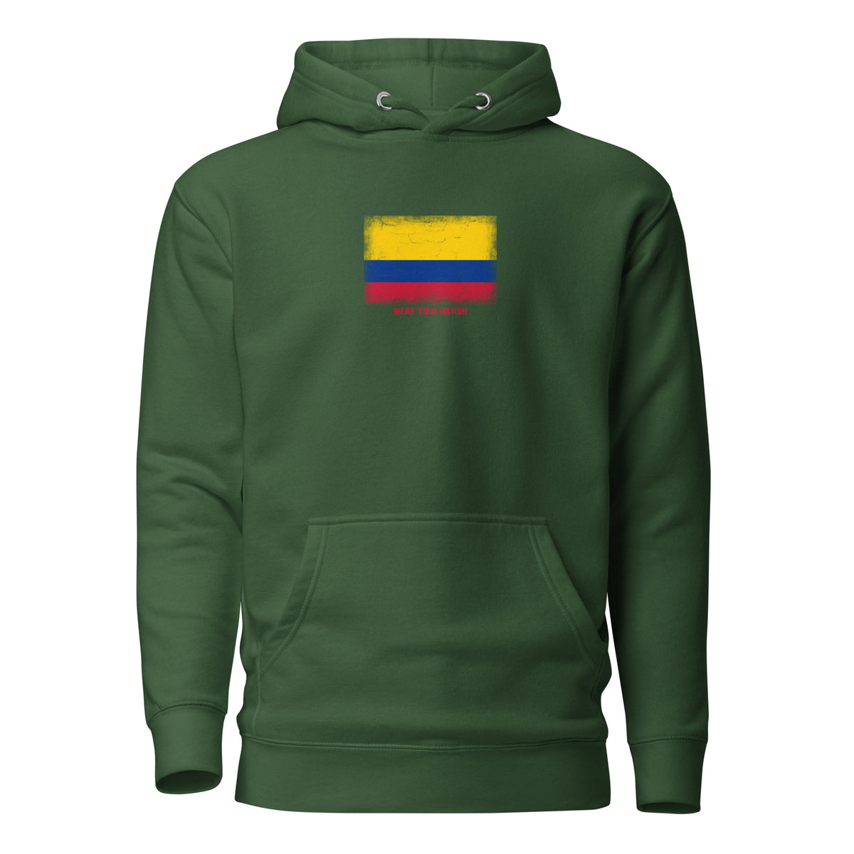 Colombia flag hoodie in Forest Green, vintage-washed print, flag on the chest, unisex cut, front view