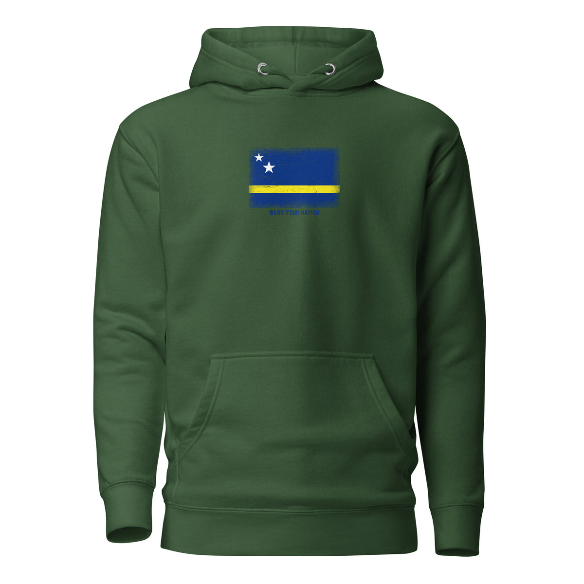 Curaçao flag hoodie in Forest Green, vintage-washed print, flag on the chest, unisex cut, front view