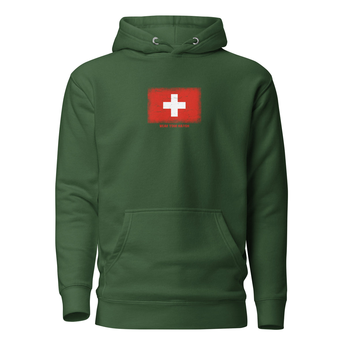 Switzerland flag hoodie in Forest Green, vintage-washed print, flag on the chest, unisex cut, front view