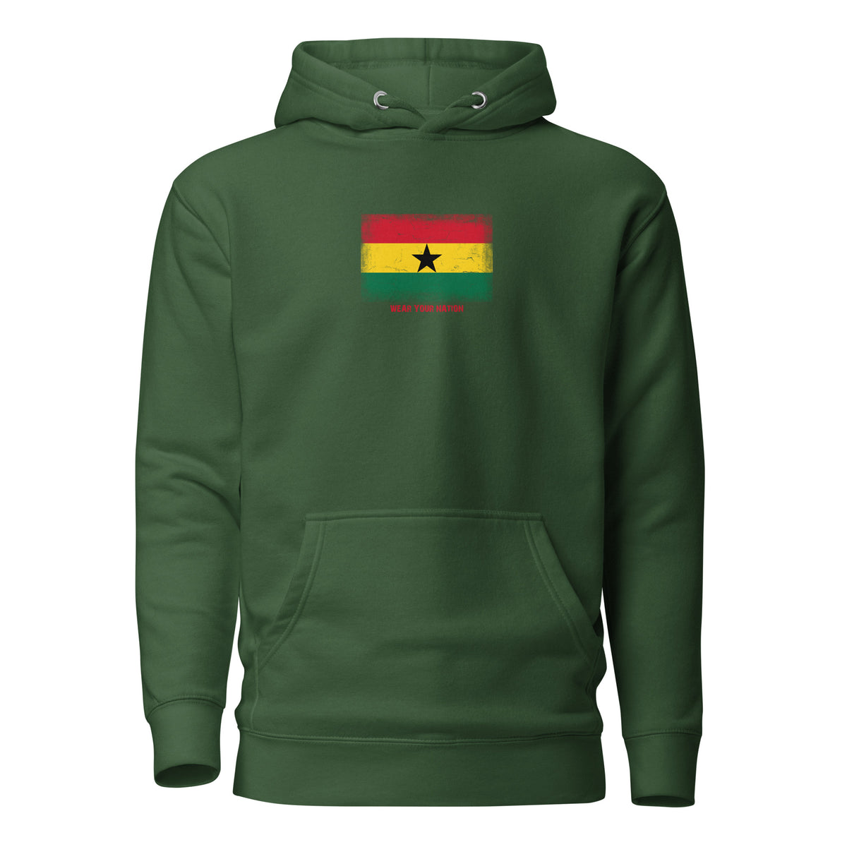 Ghana flag hoodie in Forest Green, vintage-washed print, flag on the chest, unisex cut, front view