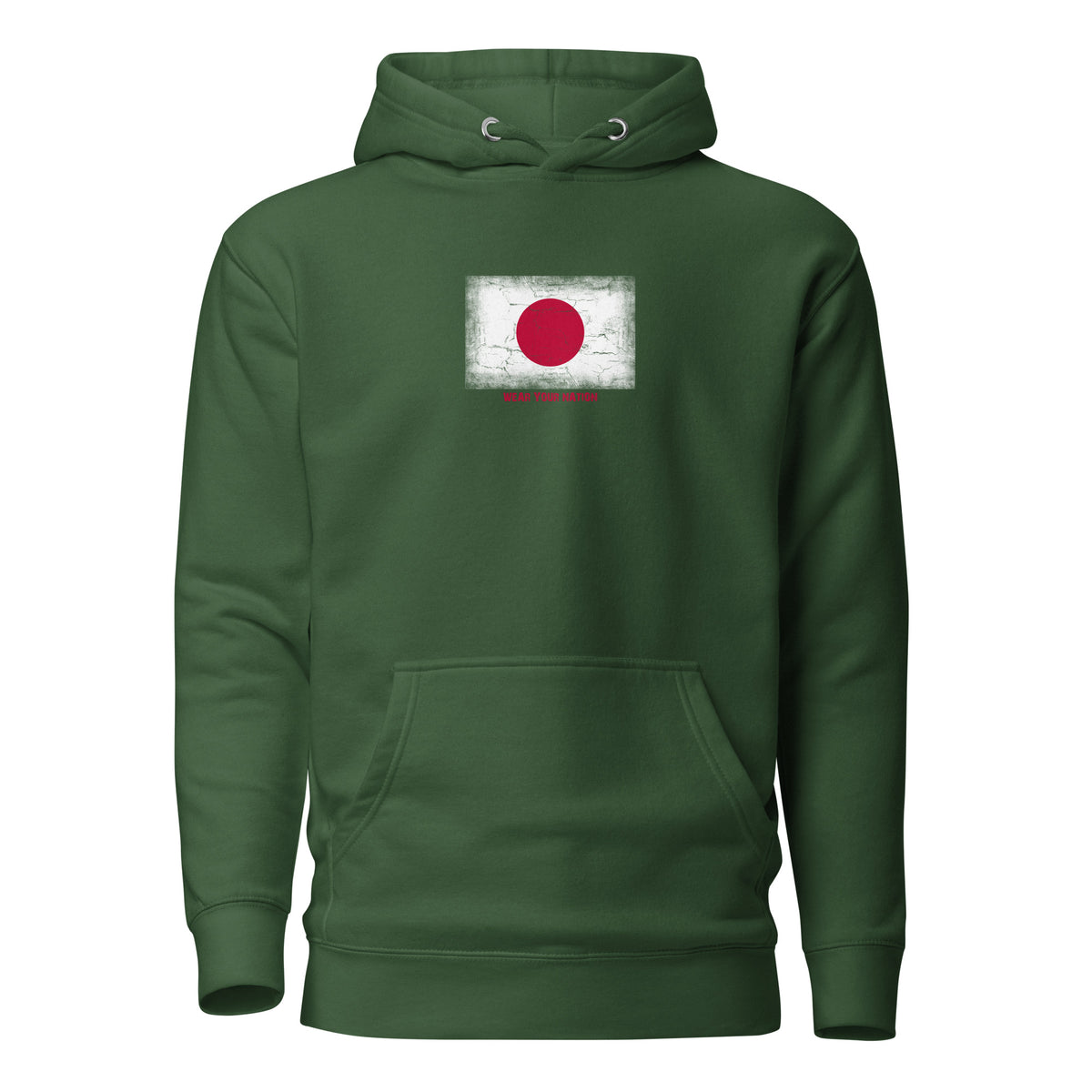 Japan flag hoodie in Forest Green, vintage-washed print, flag on the chest, unisex cut, front view