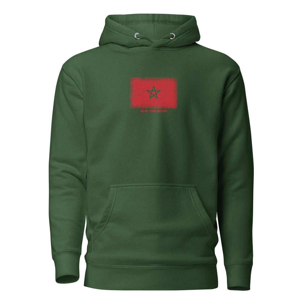 Morocco flag hoodie in Forest Green, vintage-washed print, flag on the chest, unisex cut, front view
