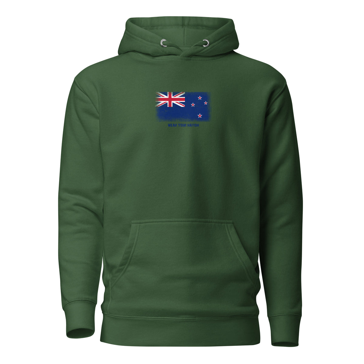 New Zealand flag hoodie in Forest Green, vintage-washed print, flag on the chest, unisex cut, front view