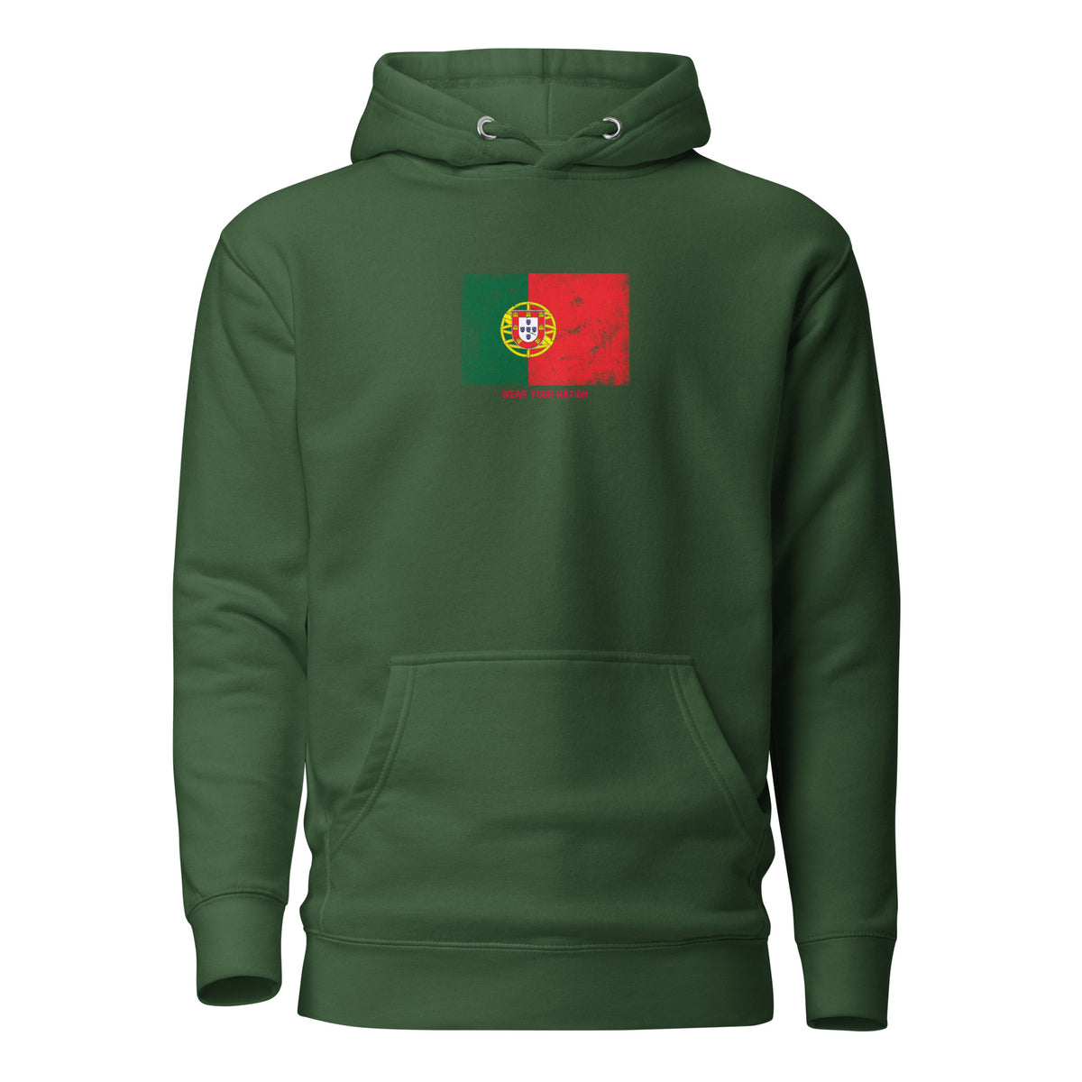 Portugal flag hoodie in Forest Green, vintage-washed print, flag on the chest, unisex cut, front view