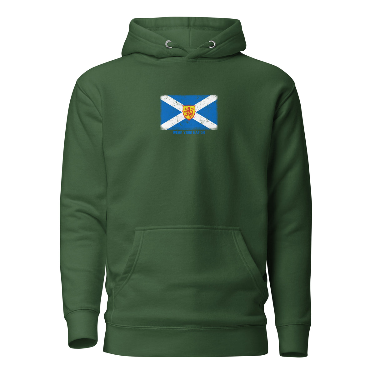 Scotland flag hoodie in Forest Green, vintage-washed print, flag on the chest, unisex cut, front view