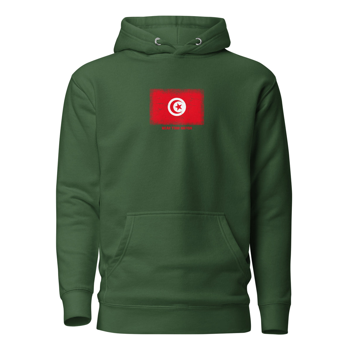 Tunisia flag hoodie in Forest Green, vintage-washed print, flag on the chest, unisex cut, front view