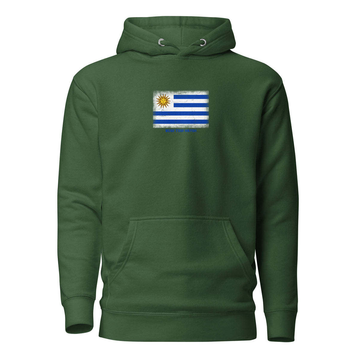 Uruguay flag hoodie in Forest Green, vintage-washed print, flag on the chest, unisex cut, front view