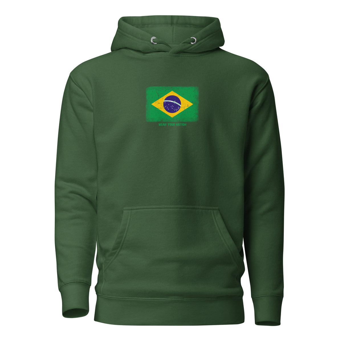 Brasil flag hoodie in Forest Green, vintage-washed print, flag on the chest, unisex cut, front view