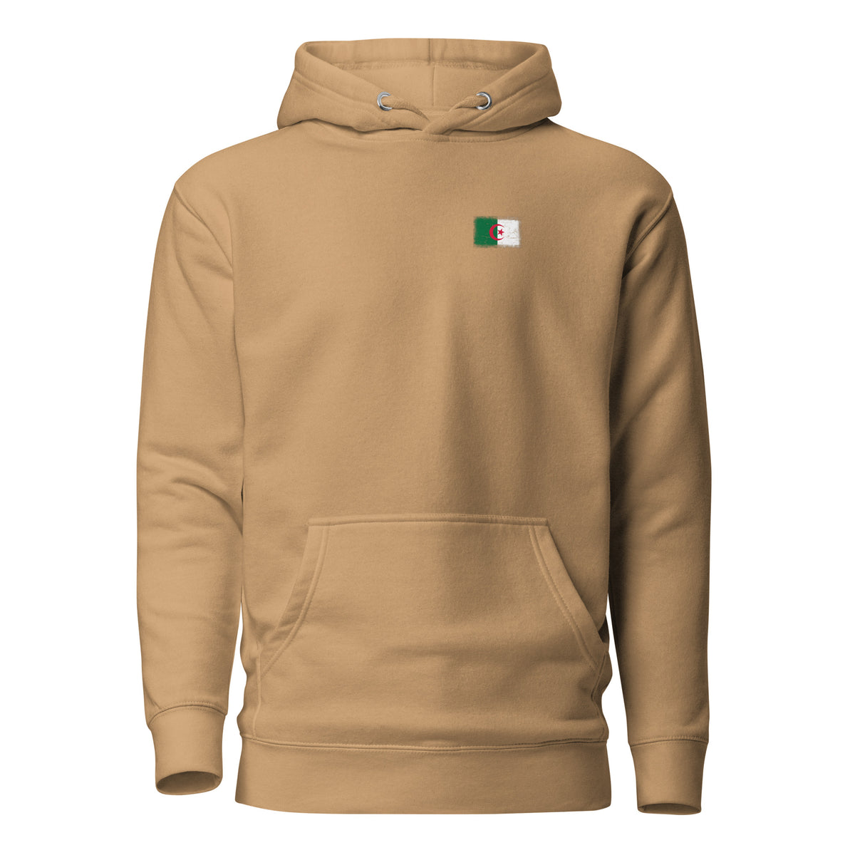 Algeria flag hoodie in Khaki, vintage-washed print, small flag on the left chest, unisex cut, front view