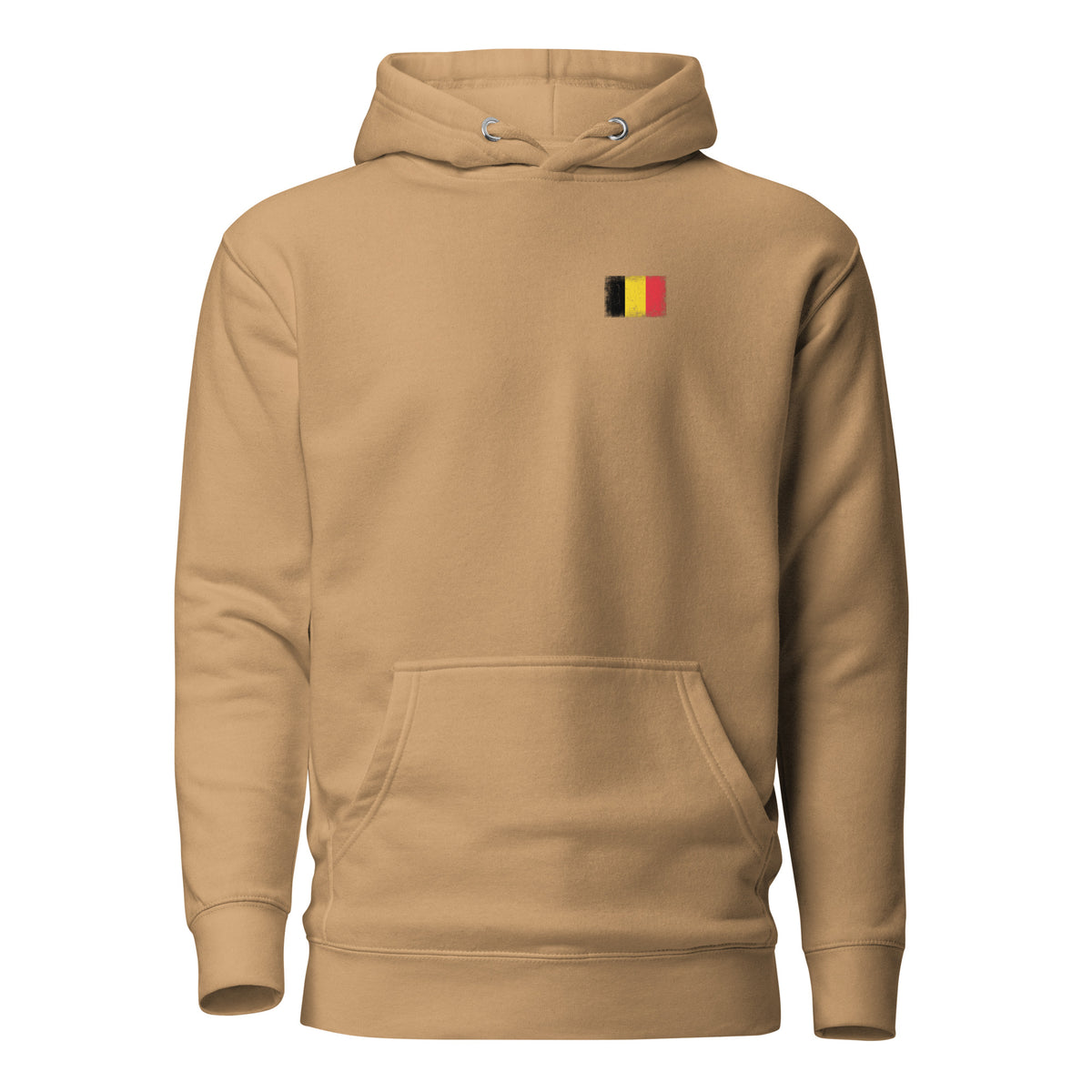 Belgium flag hoodie in Khaki, vintage-washed print, small flag on the left chest, unisex cut, front view