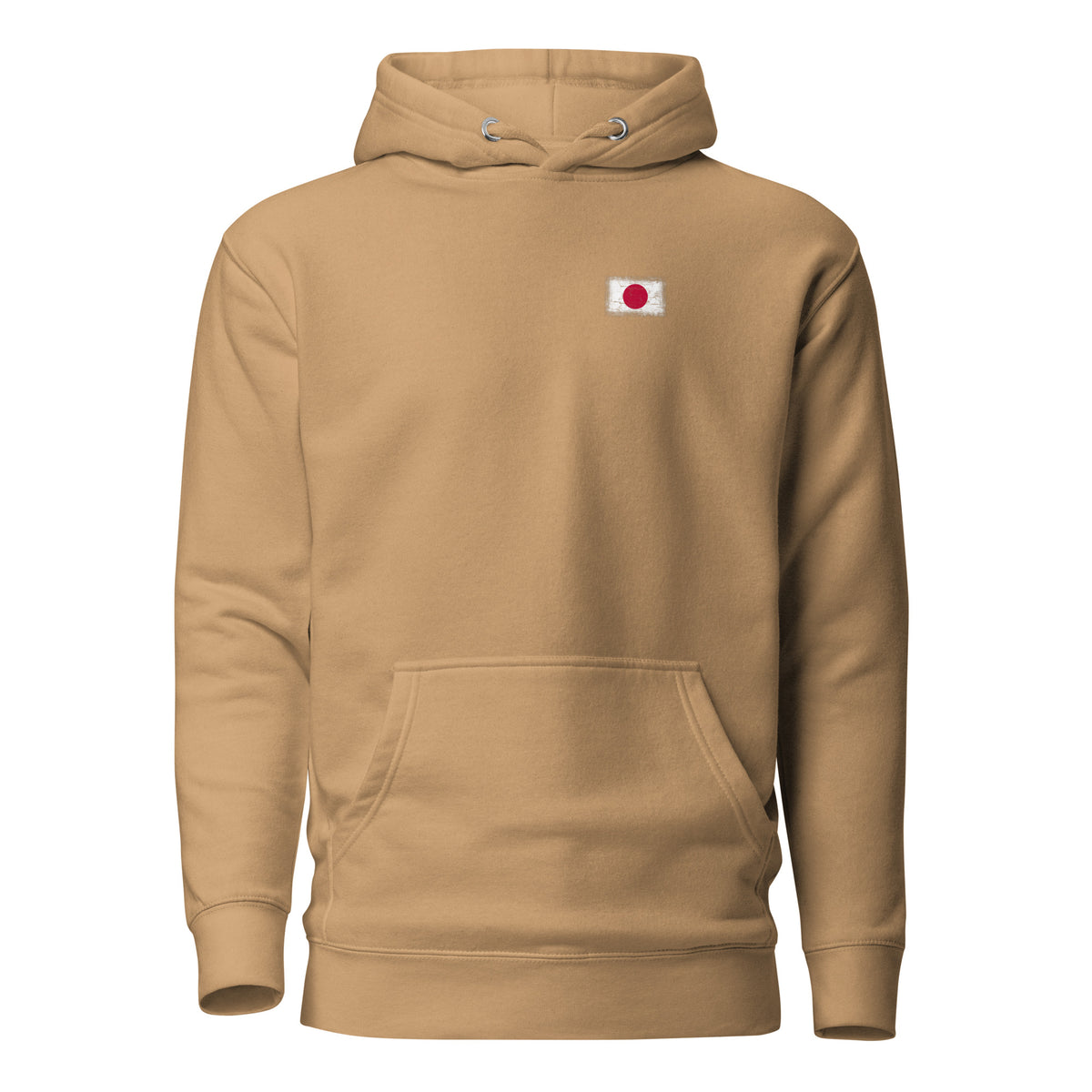 Japan flag hoodie in Khaki, vintage-washed print, small flag on the left chest, unisex cut, front view