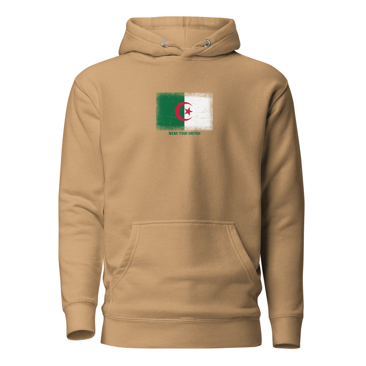Algeria flag hoodie in Khaki, vintage-washed print, flag on the chest, unisex cut, front view