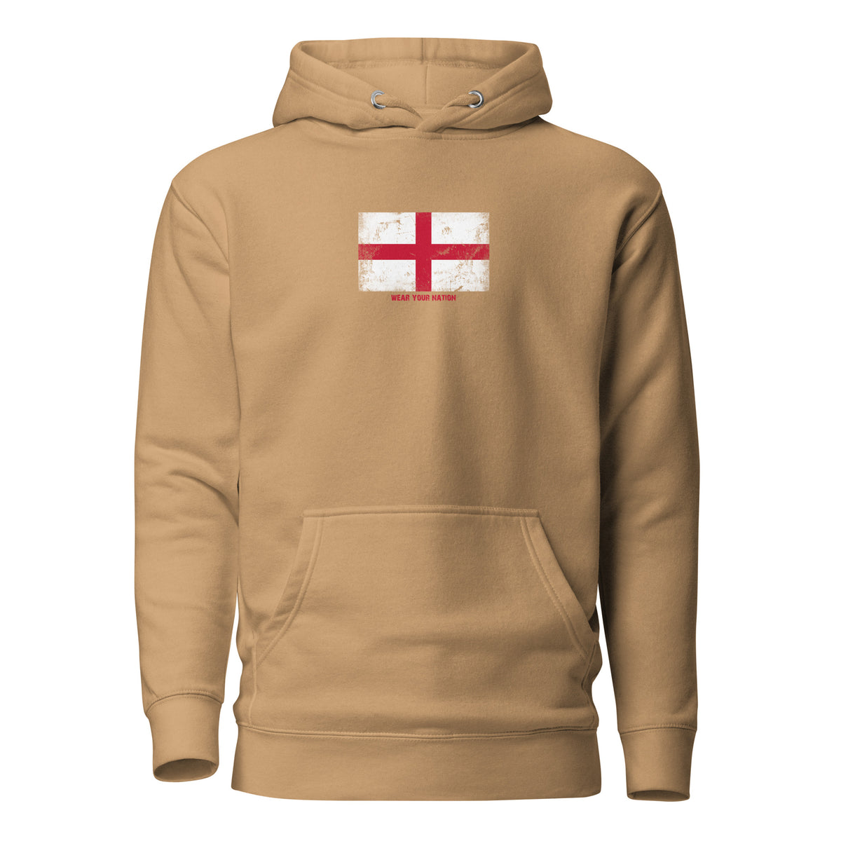 England flag hoodie in Khaki, vintage-washed print, flag on the chest, unisex cut, front view