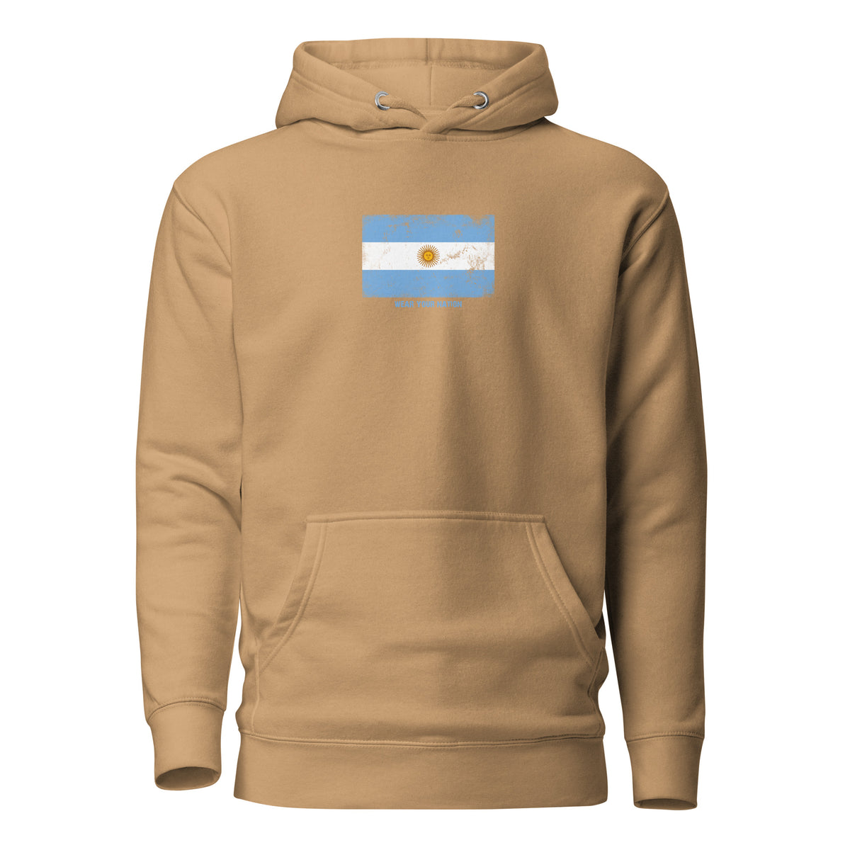 Argentina flag hoodie in Khaki, vintage-washed print, flag on the chest, unisex cut, front view