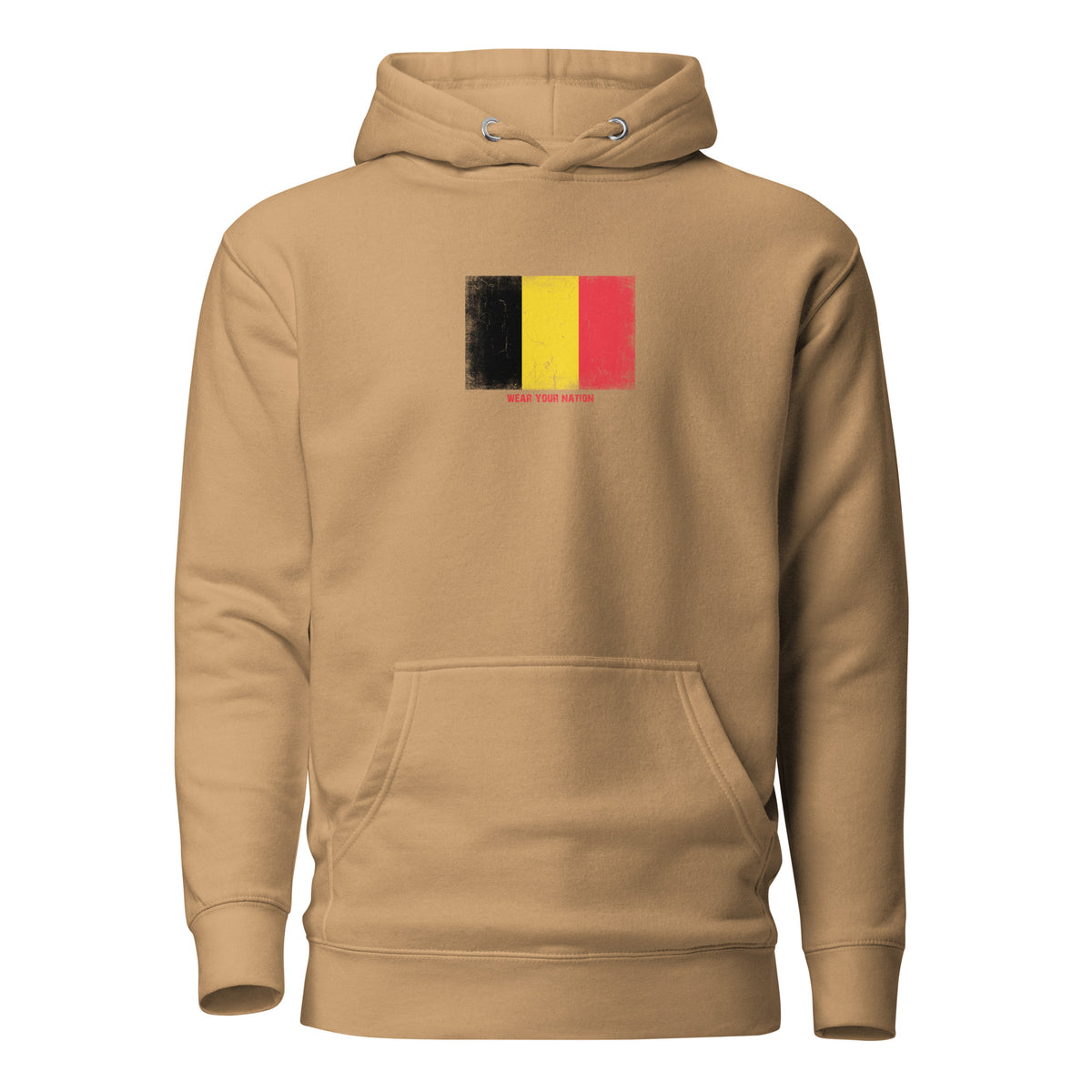 Belgium flag hoodie in Khaki, vintage-washed print, flag on the chest, unisex cut, front view