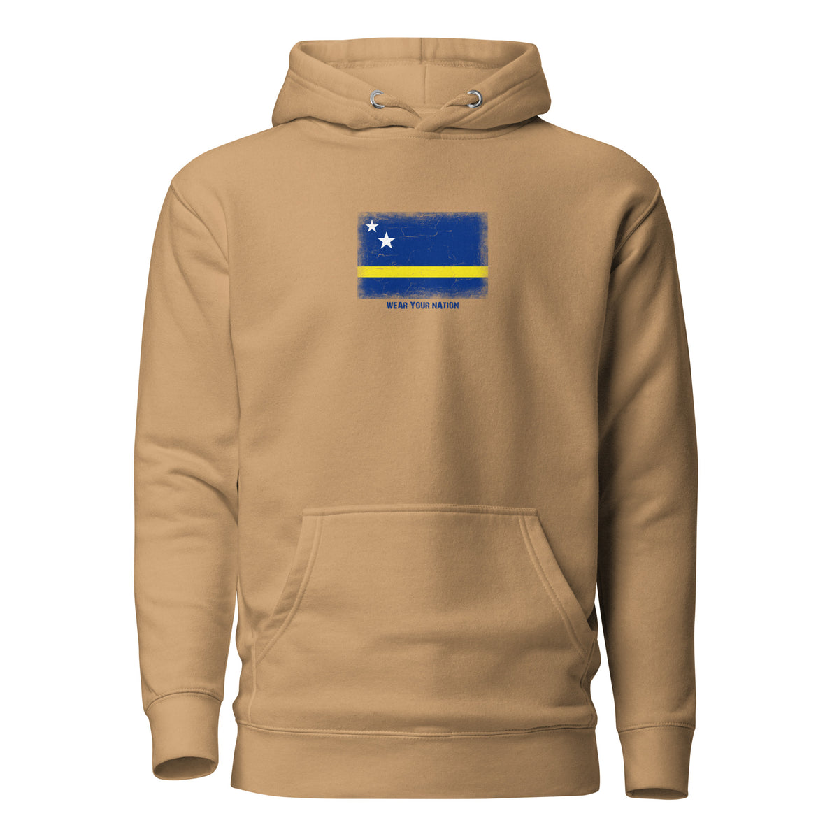 Curaçao flag hoodie in Khaki, vintage-washed print, flag on the chest, unisex cut, front view