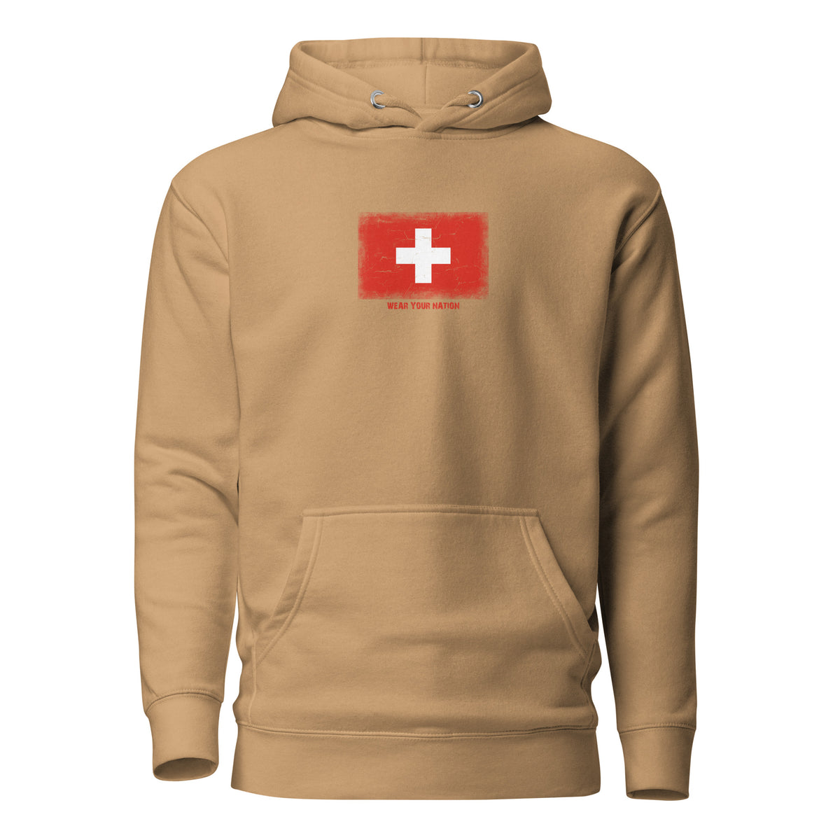 Switzerland flag hoodie in Khaki, vintage-washed print, flag on the chest, unisex cut, front view