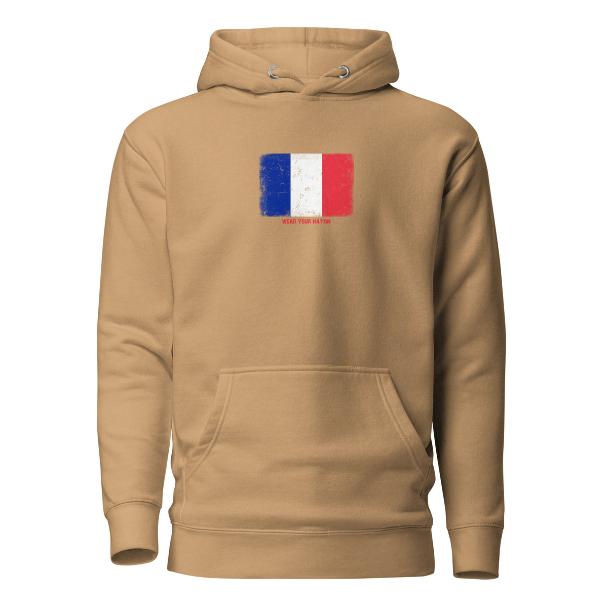 France flag hoodie in Khaki, vintage-washed print, flag on the chest, unisex cut, front view