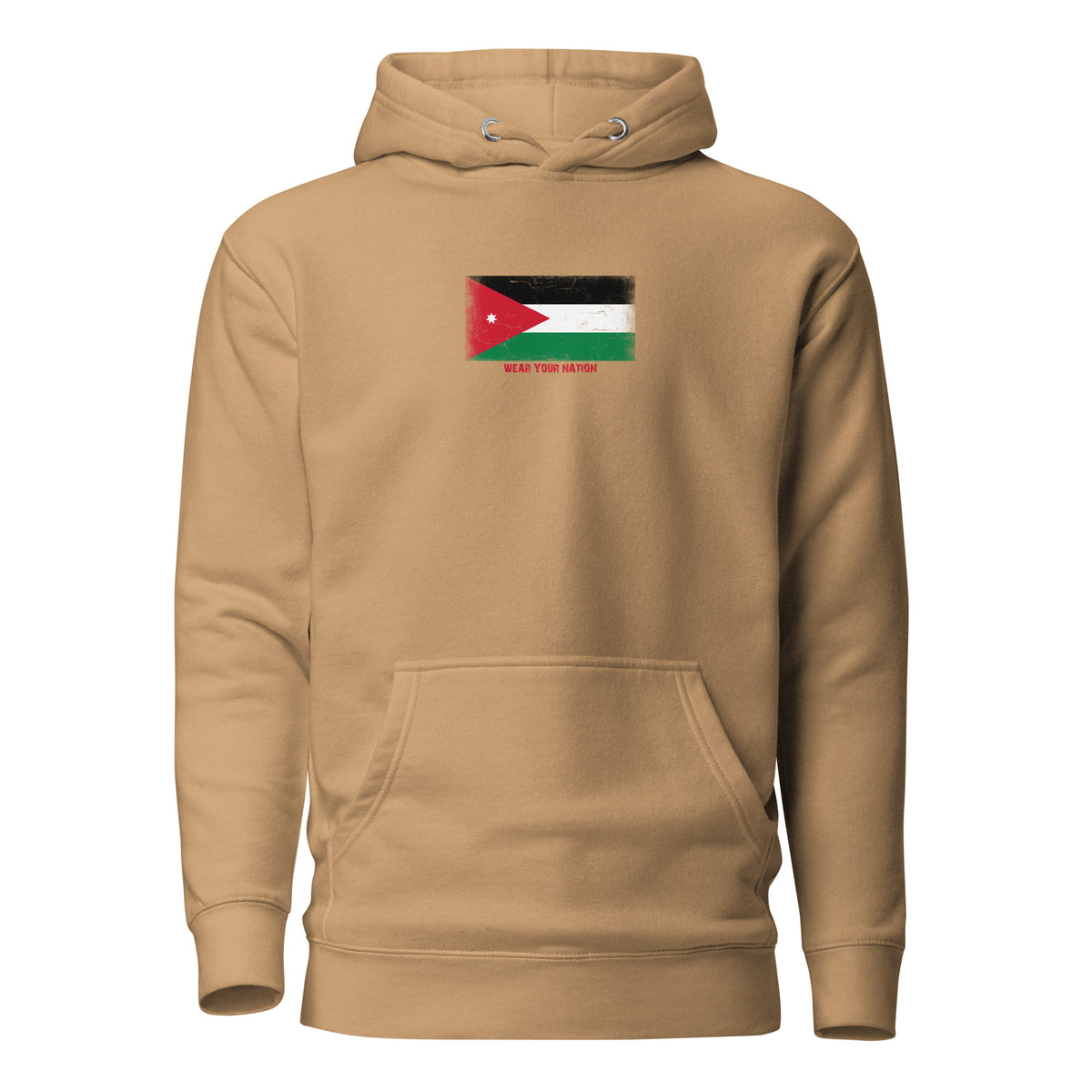Jordan flag hoodie in Khaki, vintage-washed print, flag on the chest, unisex cut, front view
