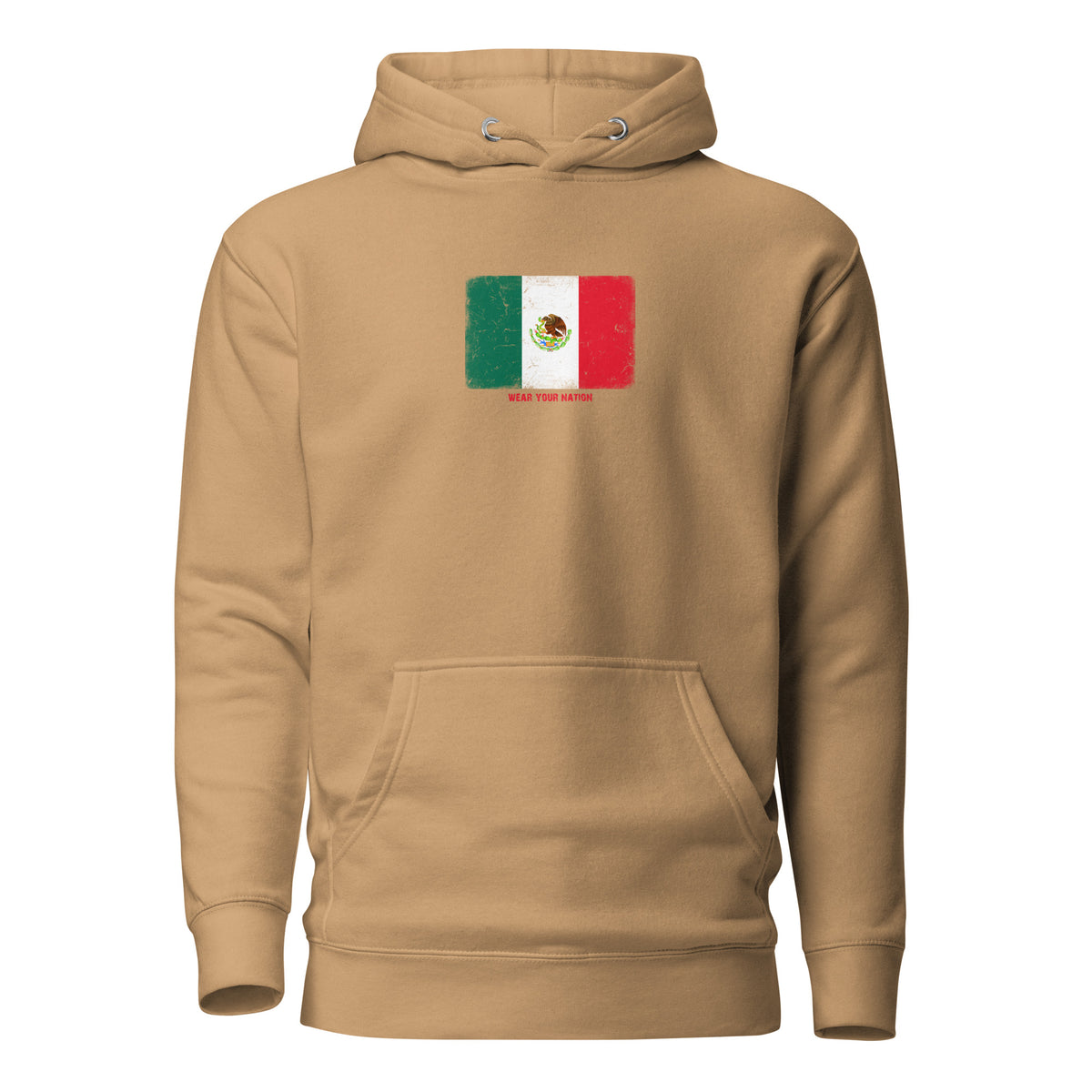 Mexico flag hoodie in Khaki, vintage-washed print, flag on the chest, unisex cut, front view