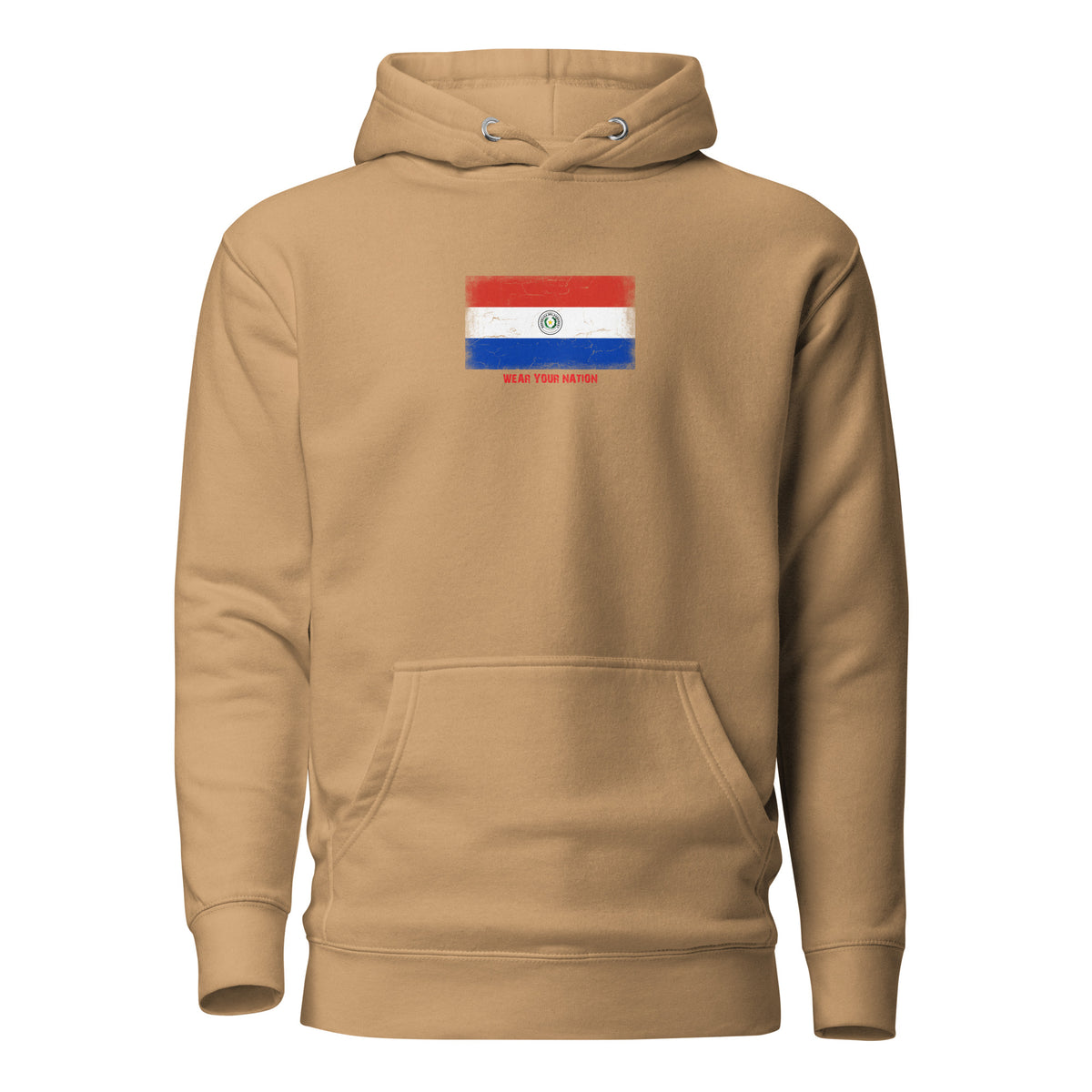 Paraguay flag hoodie in Khaki, vintage-washed print, flag on the chest, unisex cut, front view