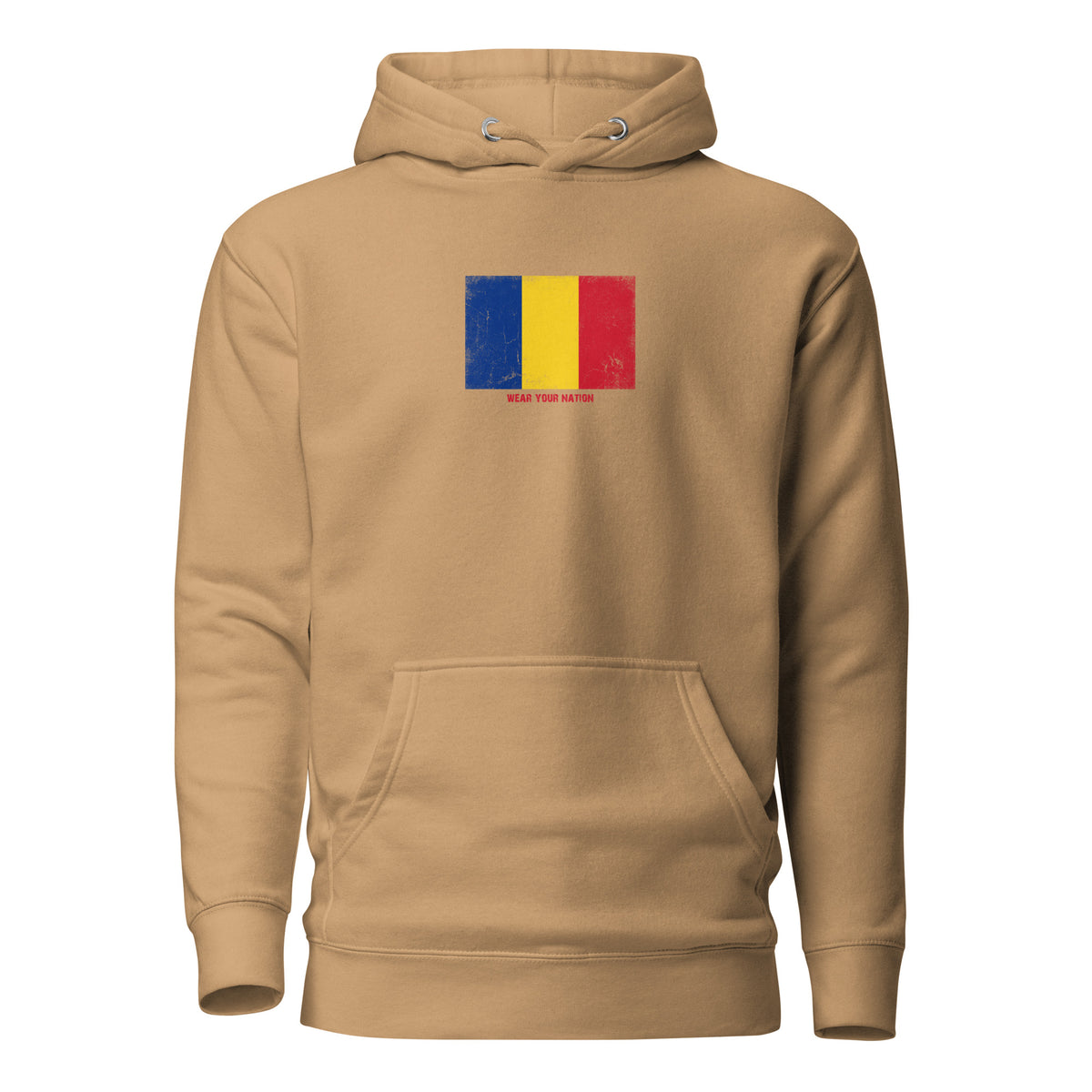 Romania flag hoodie in Khaki, vintage-washed print, flag on the chest, unisex cut, front view