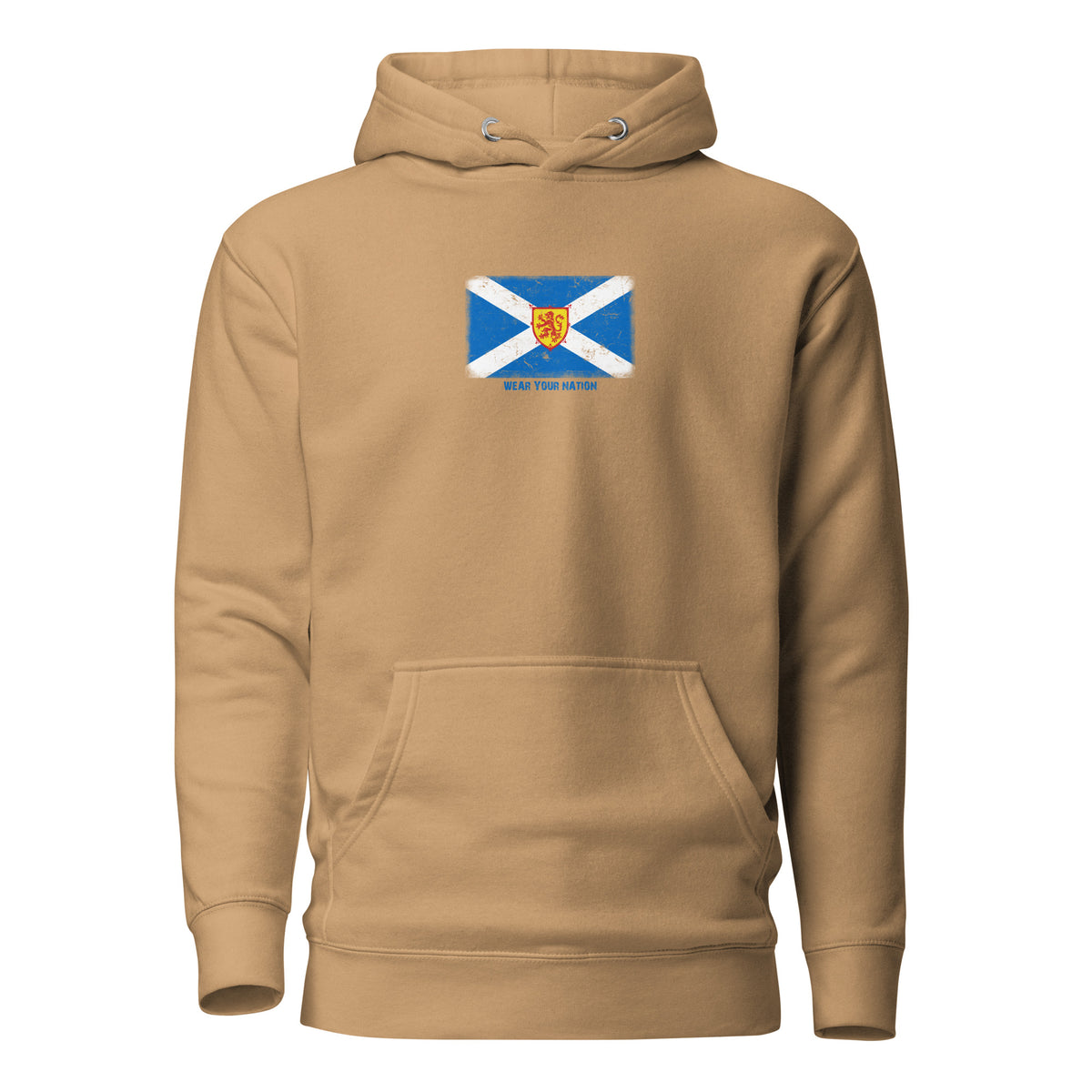 Scotland flag hoodie in Khaki, vintage-washed print, flag on the chest, unisex cut, front view