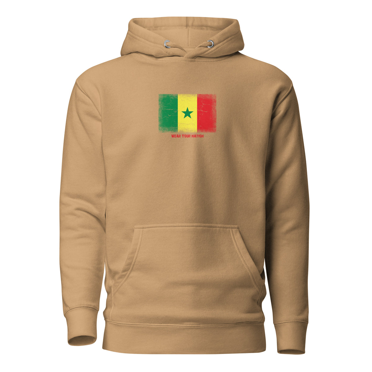 Spain flag hoodie in Khaki, vintage-washed print, flag on the chest, unisex cut, front view