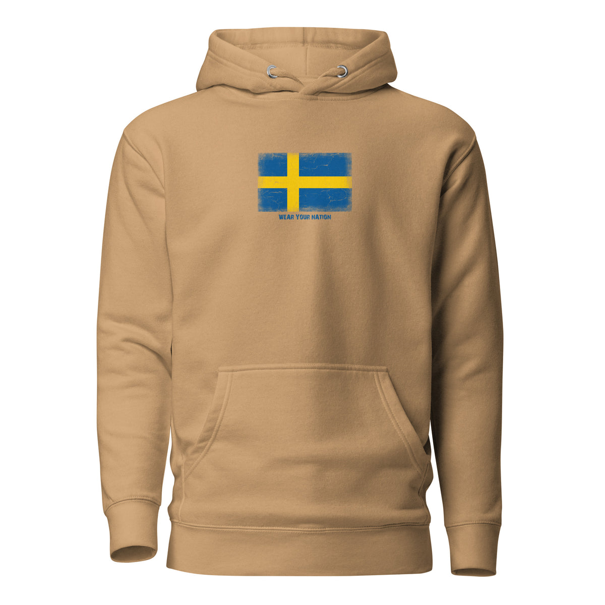 Sweden flag hoodie in Khaki, vintage-washed print, flag on the chest, unisex cut, front view