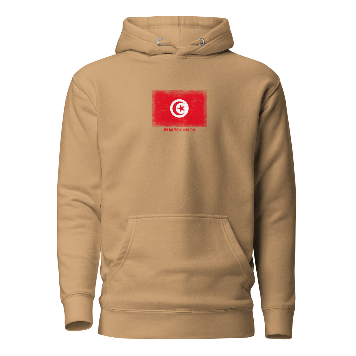 Tunisia flag hoodie in Khaki, vintage-washed print, flag on the chest, unisex cut, front view