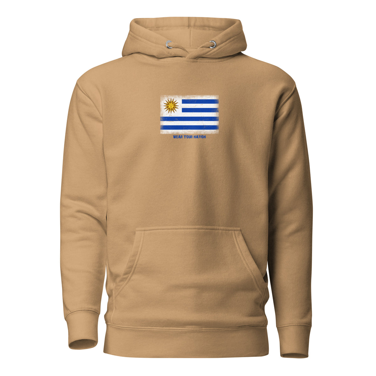 Uruguay flag hoodie in Khaki, vintage-washed print, flag on the chest, unisex cut, front view