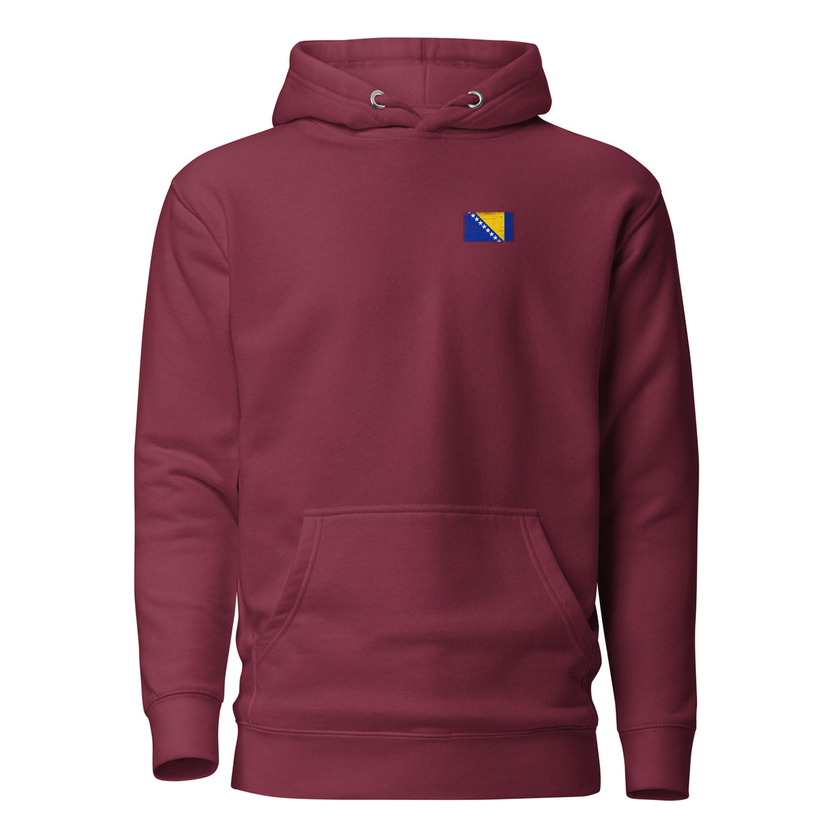 Bosnia and Herzegovina flag hoodie in Maroon, vintage-washed print, small flag on the left chest, unisex cut, front view