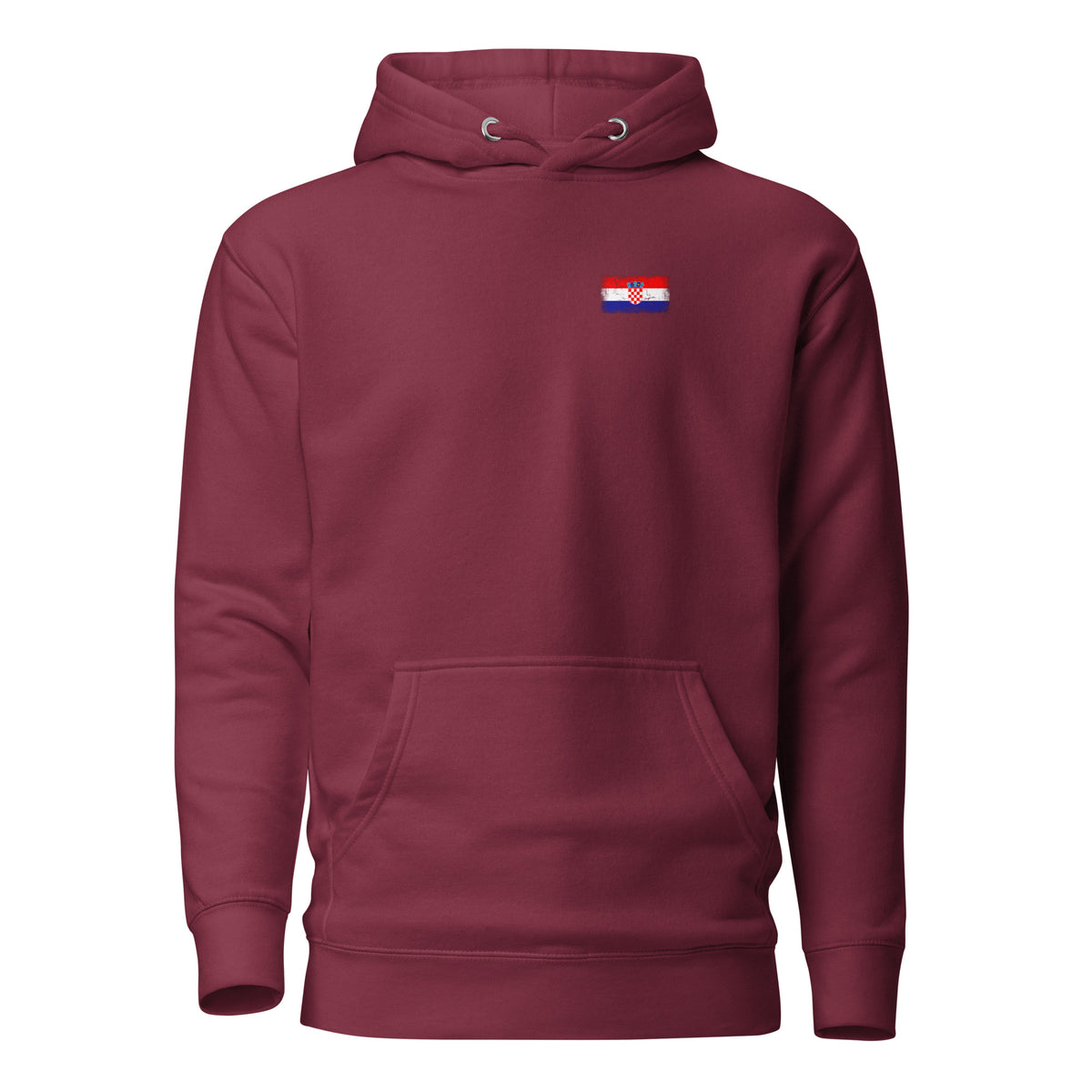 Croatia flag hoodie in Maroon, vintage-washed print, small flag on the left chest, unisex cut, front view