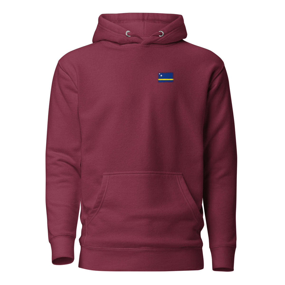Curaçao flag hoodie in Maroon, vintage-washed print, small flag on the left chest, unisex cut, front view