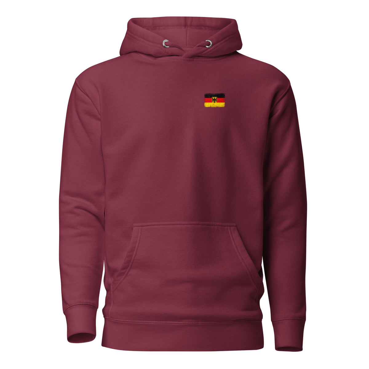 Germany flag hoodie in Maroon, vintage-washed print, small flag on the left chest, unisex cut, front view