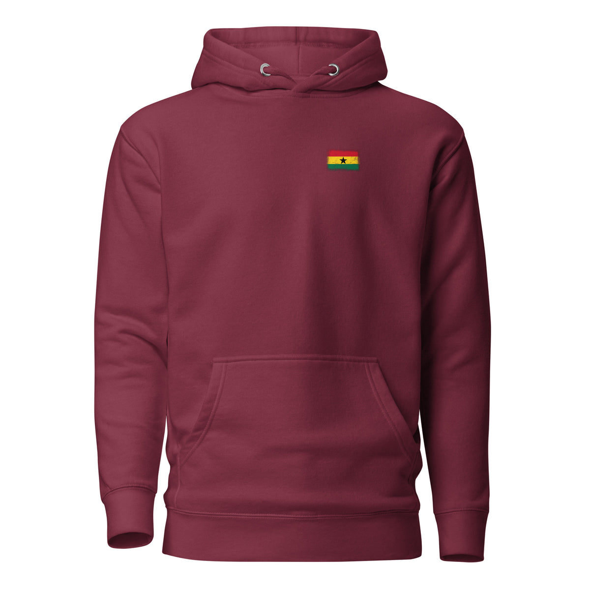 Ghana flag hoodie in Maroon, vintage-washed print, small flag on the left chest, unisex cut, front view