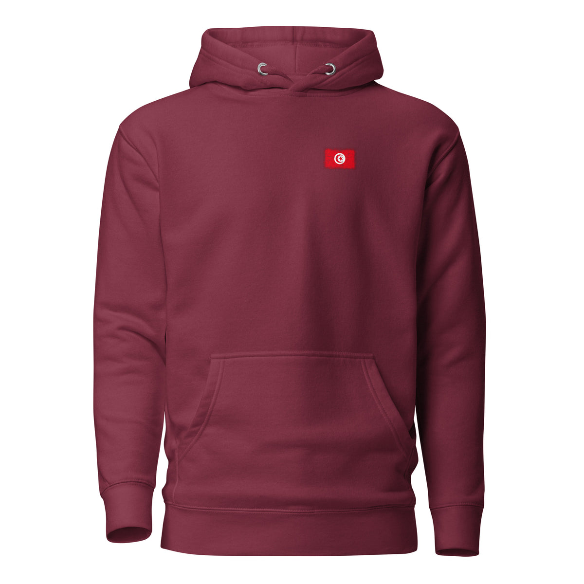 Tunisia flag hoodie in Maroon, vintage-washed print, small flag on the left chest, unisex cut, front view