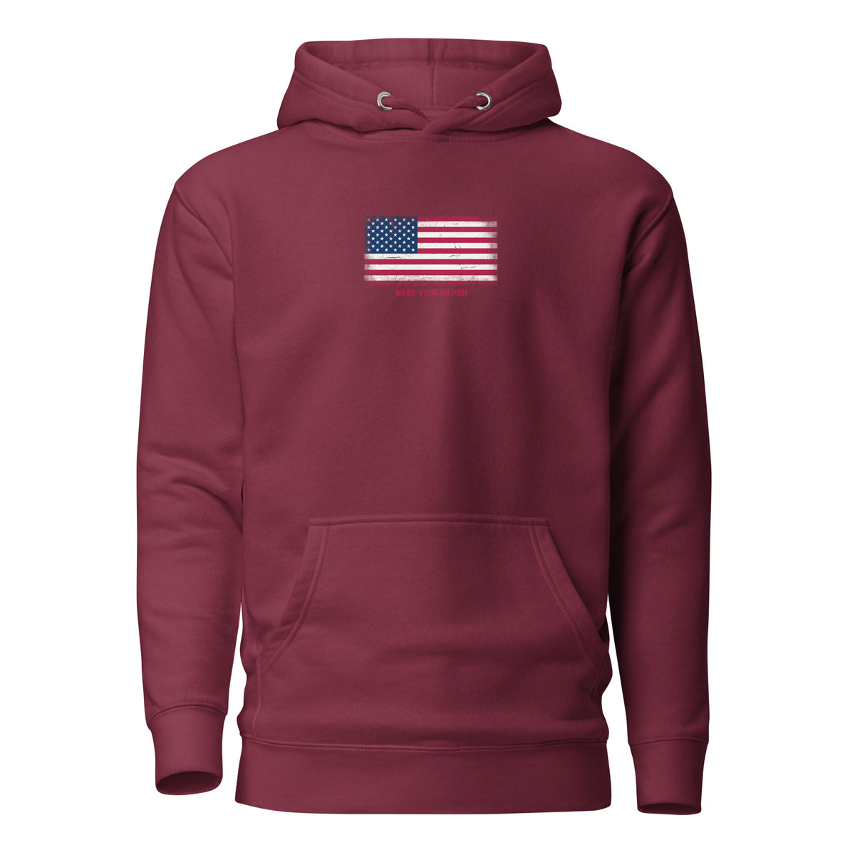 USA flag hoodie in Maroon, vintage-washed print, flag on the chest, unisex cut, front view
