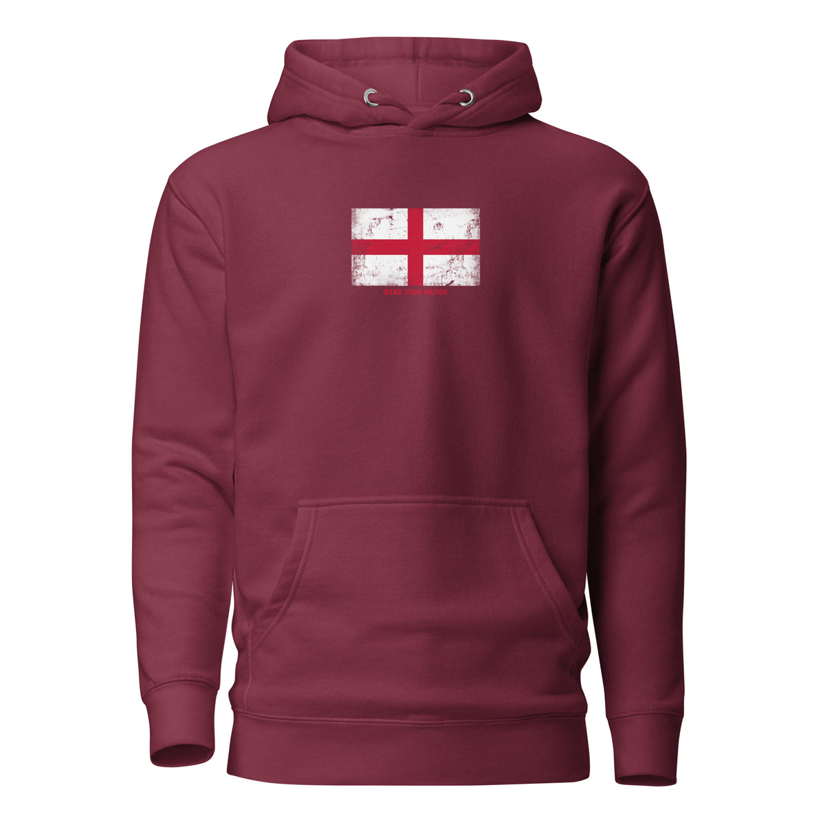 England flag hoodie in Maroon, vintage-washed print, flag on the chest, unisex cut, front view