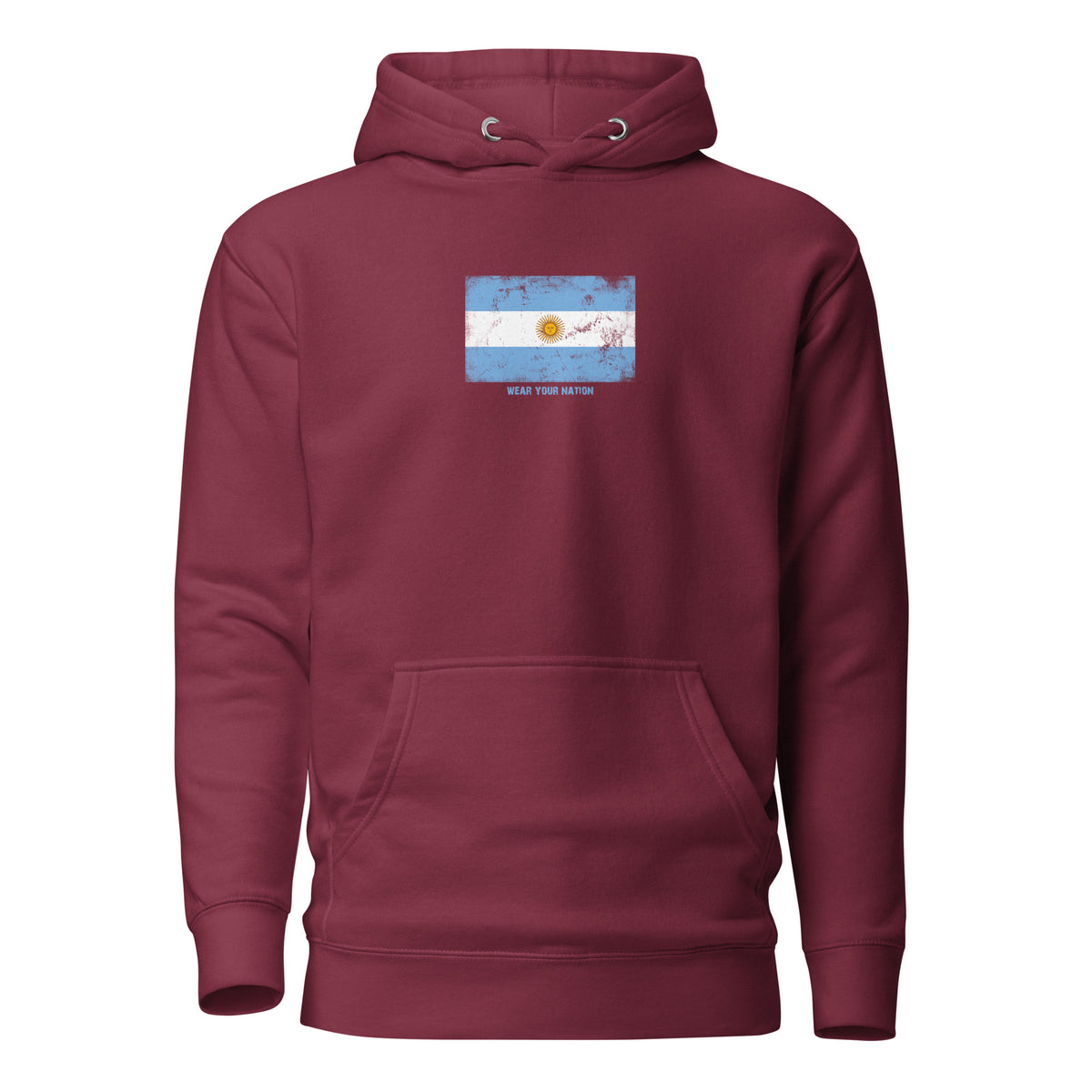 Argentina flag hoodie in Maroon, vintage-washed print, flag on the chest, unisex cut, front view