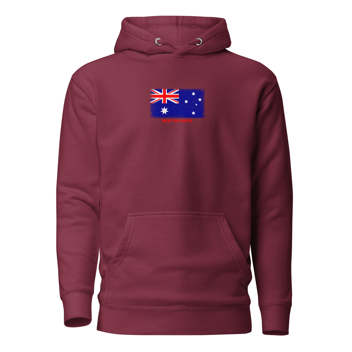 Australia flag hoodie in Maroon, vintage-washed print, flag on the chest, unisex cut, front view