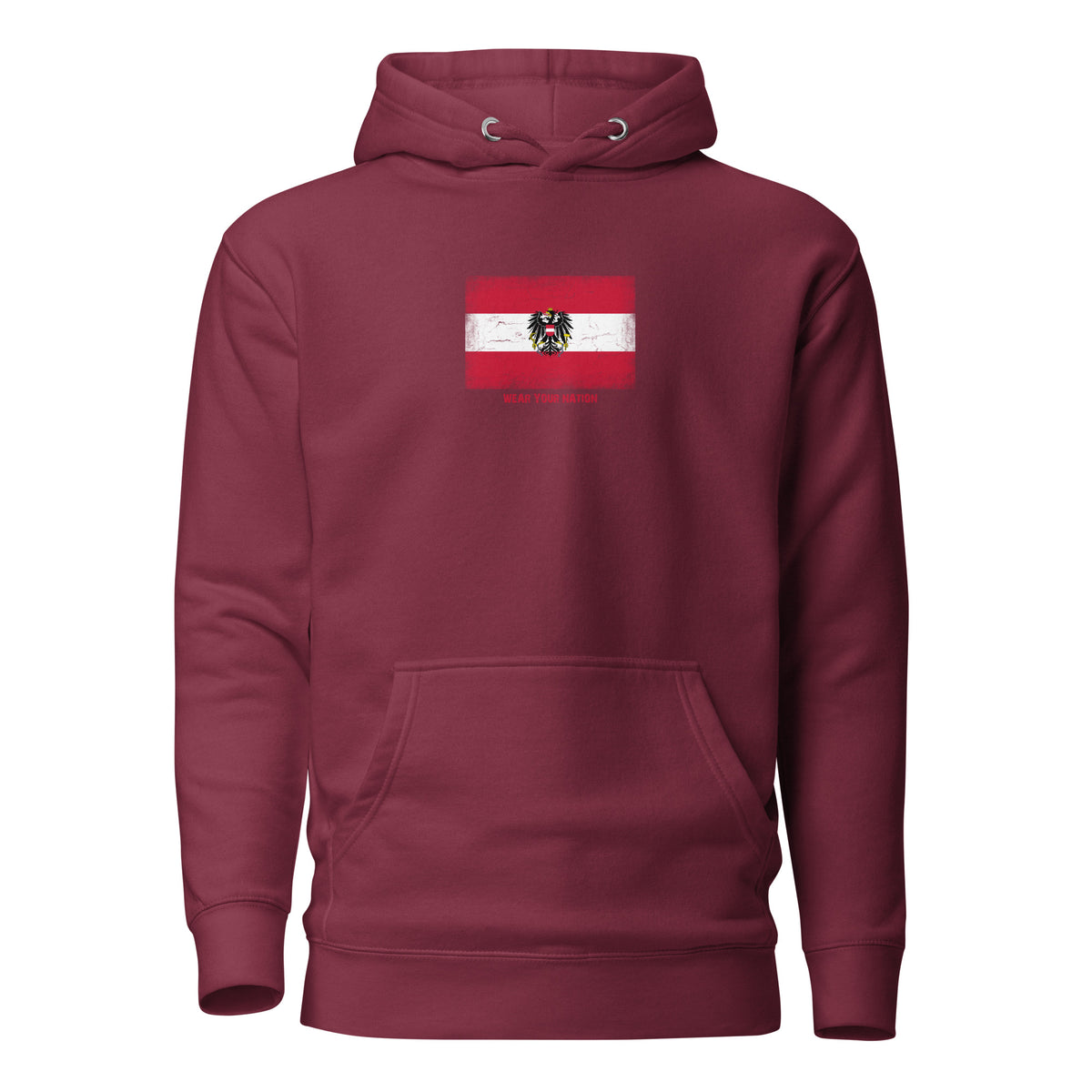 Austria flag hoodie in Maroon, vintage-washed print, flag on the chest, unisex cut, front view
