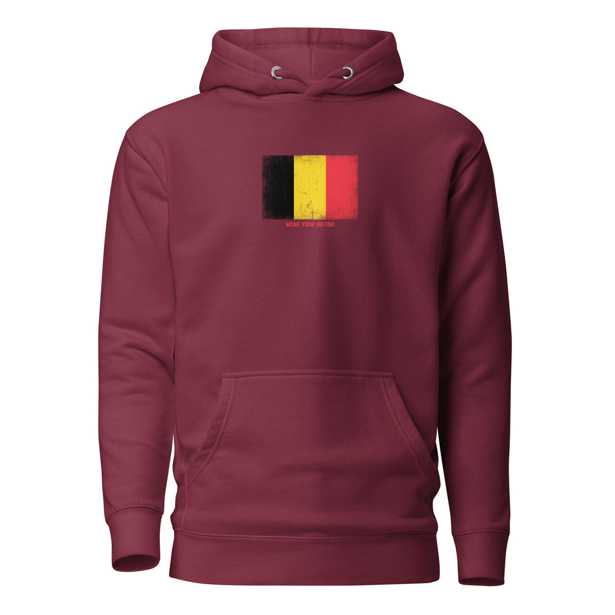 Belgium flag hoodie in Maroon, vintage-washed print, flag on the chest, unisex cut, front view