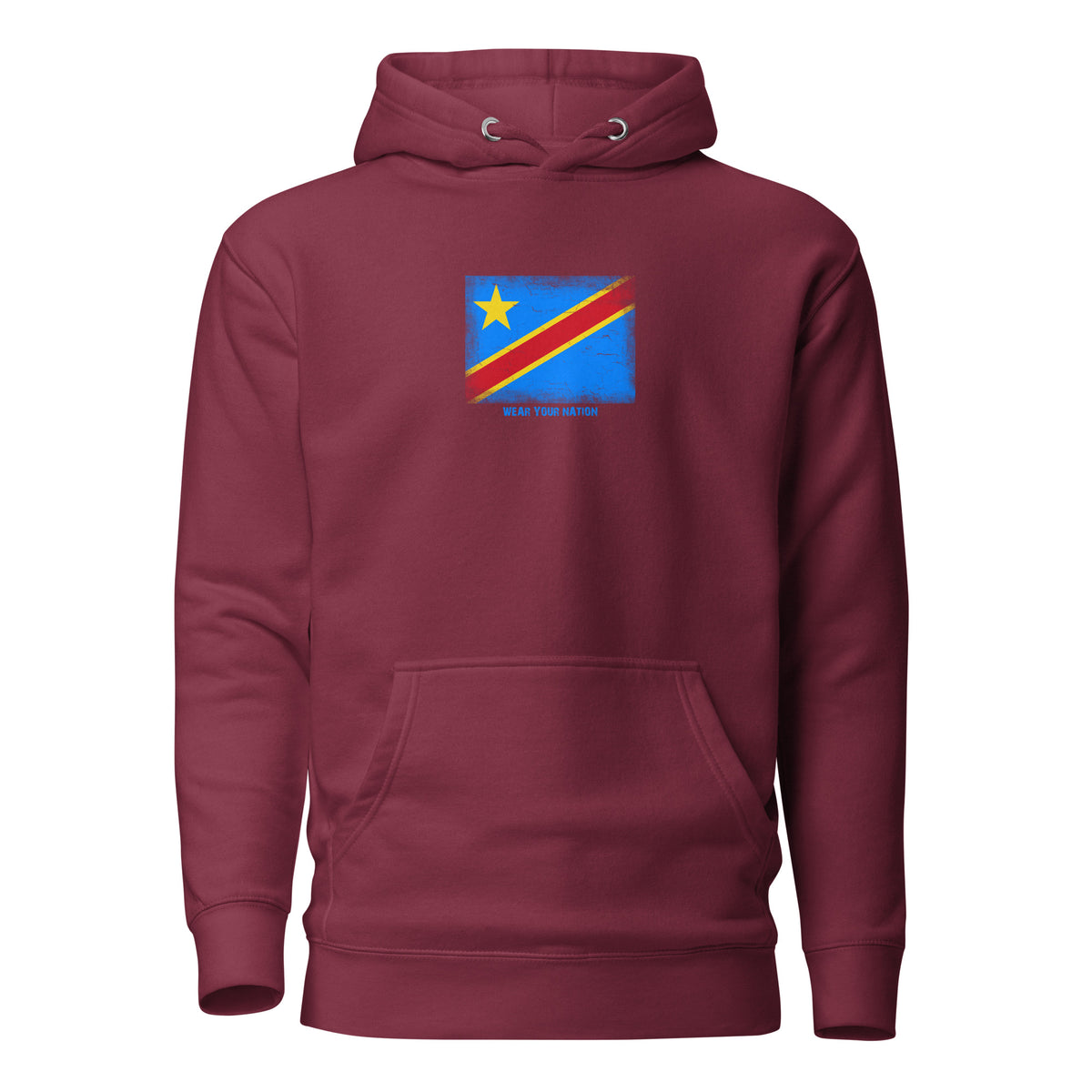 Congo flag hoodie in Maroon, vintage-washed print, flag on the chest, unisex cut, front view