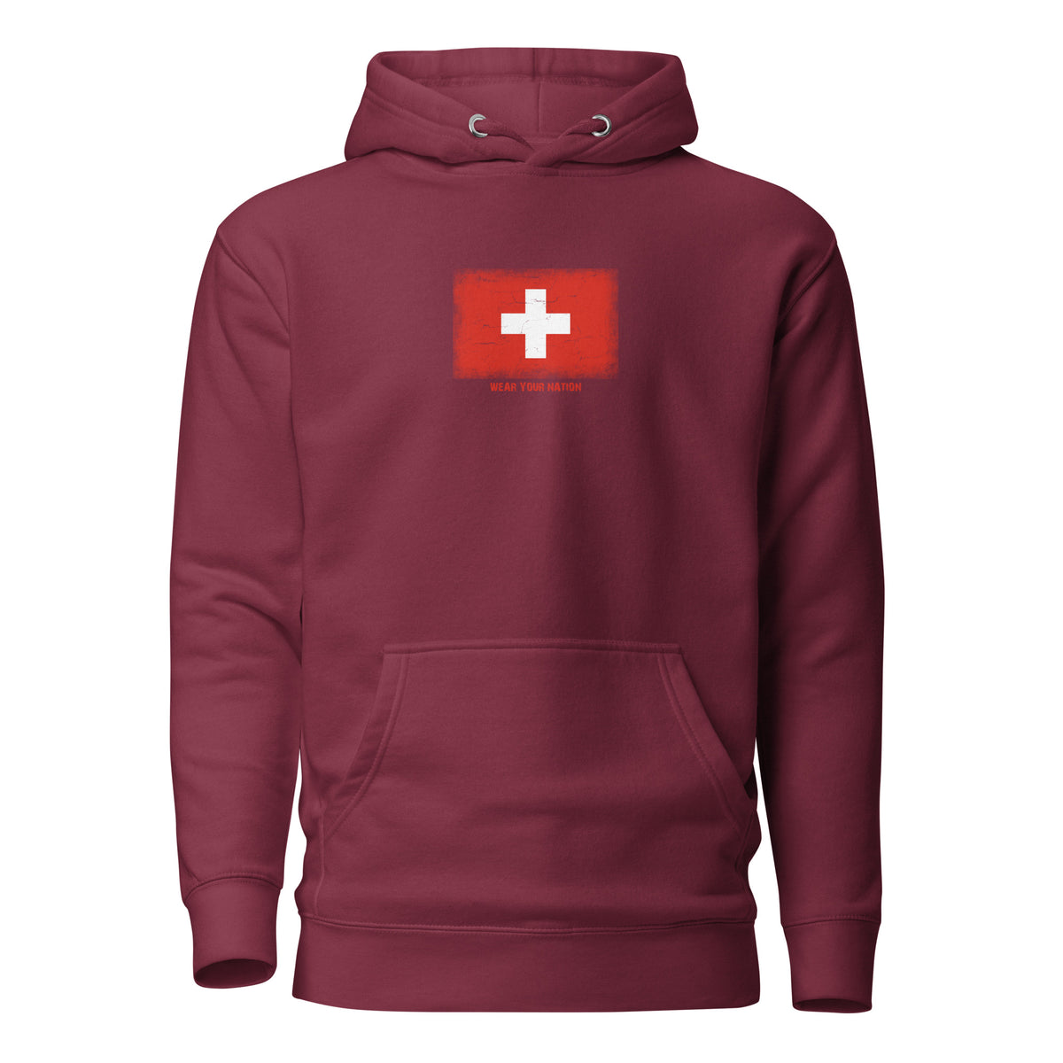 Switzerland flag hoodie in Maroon, vintage-washed print, flag on the chest, unisex cut, front view