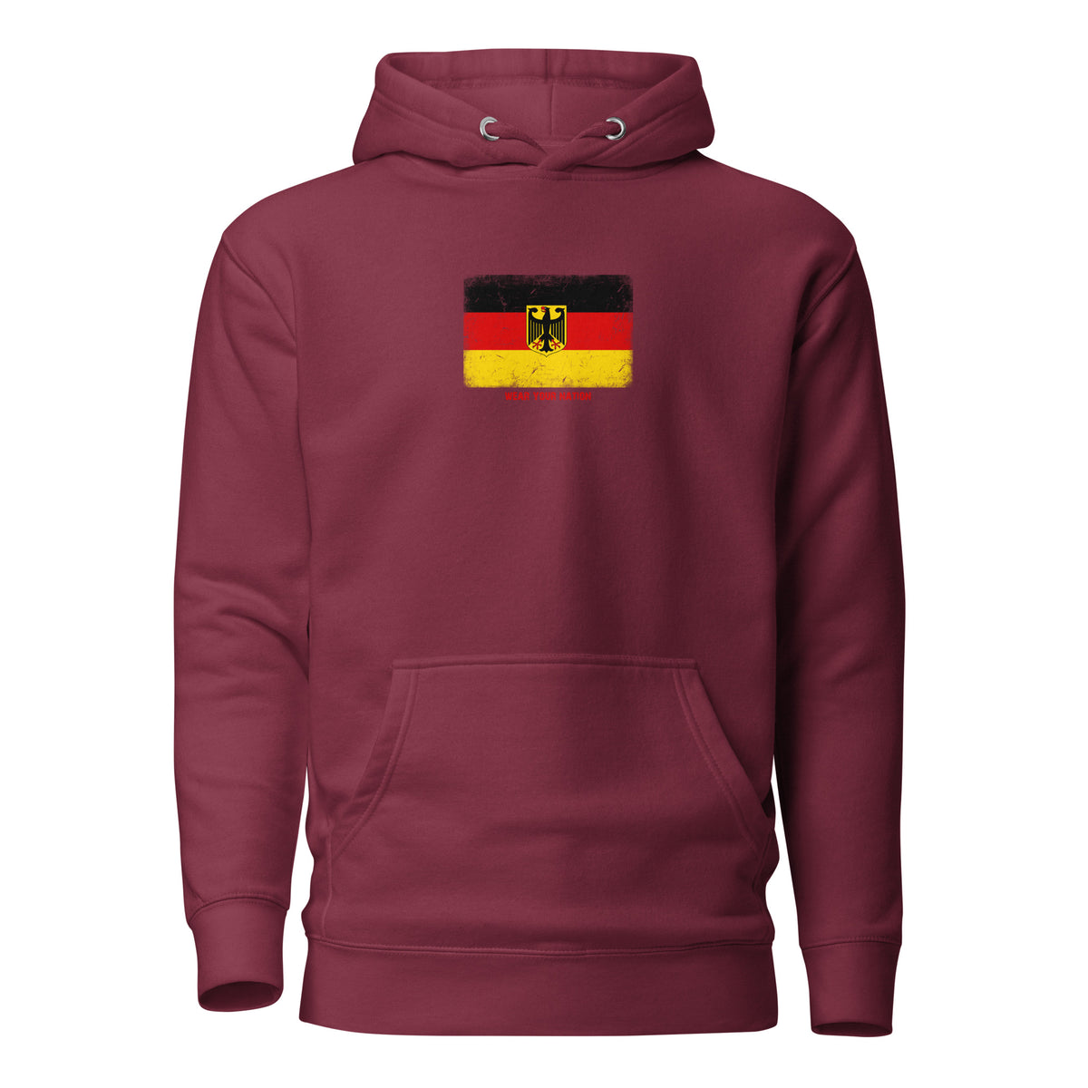 Germany flag hoodie in Maroon, vintage-washed print, flag on the chest, unisex cut, front view